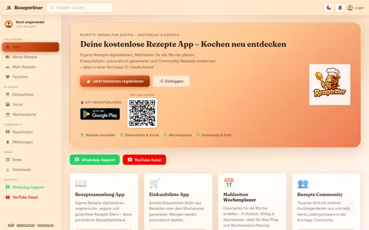 Startseite der Rezepte-App Rezeptritter