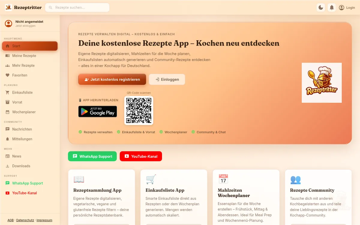 Rezeptritter-Weboberfläche mit Rezepten, Einkaufsliste, Vorrat und Wochenplaner