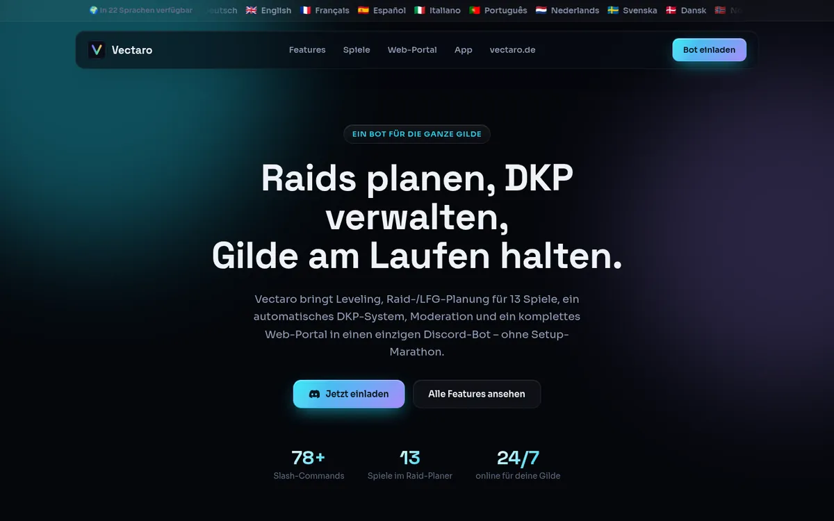 Landingpage des Discord-Bots Vectaro
